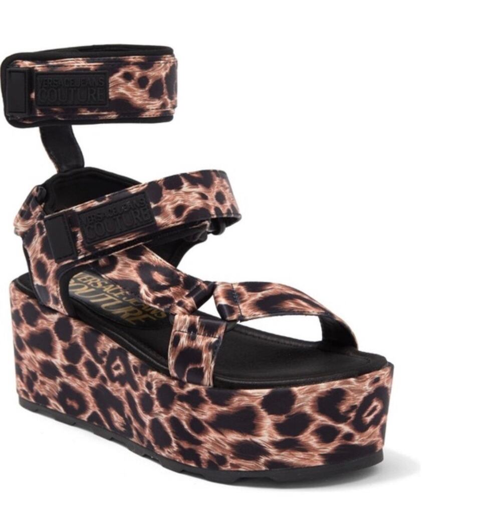 VERSACE JEANS COUTURE Leopard Printed Satin Mallory Platform Sandal Size 38/8